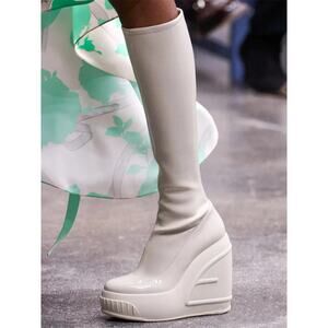 Fendi Cream Patent Leather PlatformWedge Gogo Fitted Knee-High Tall Boots 38